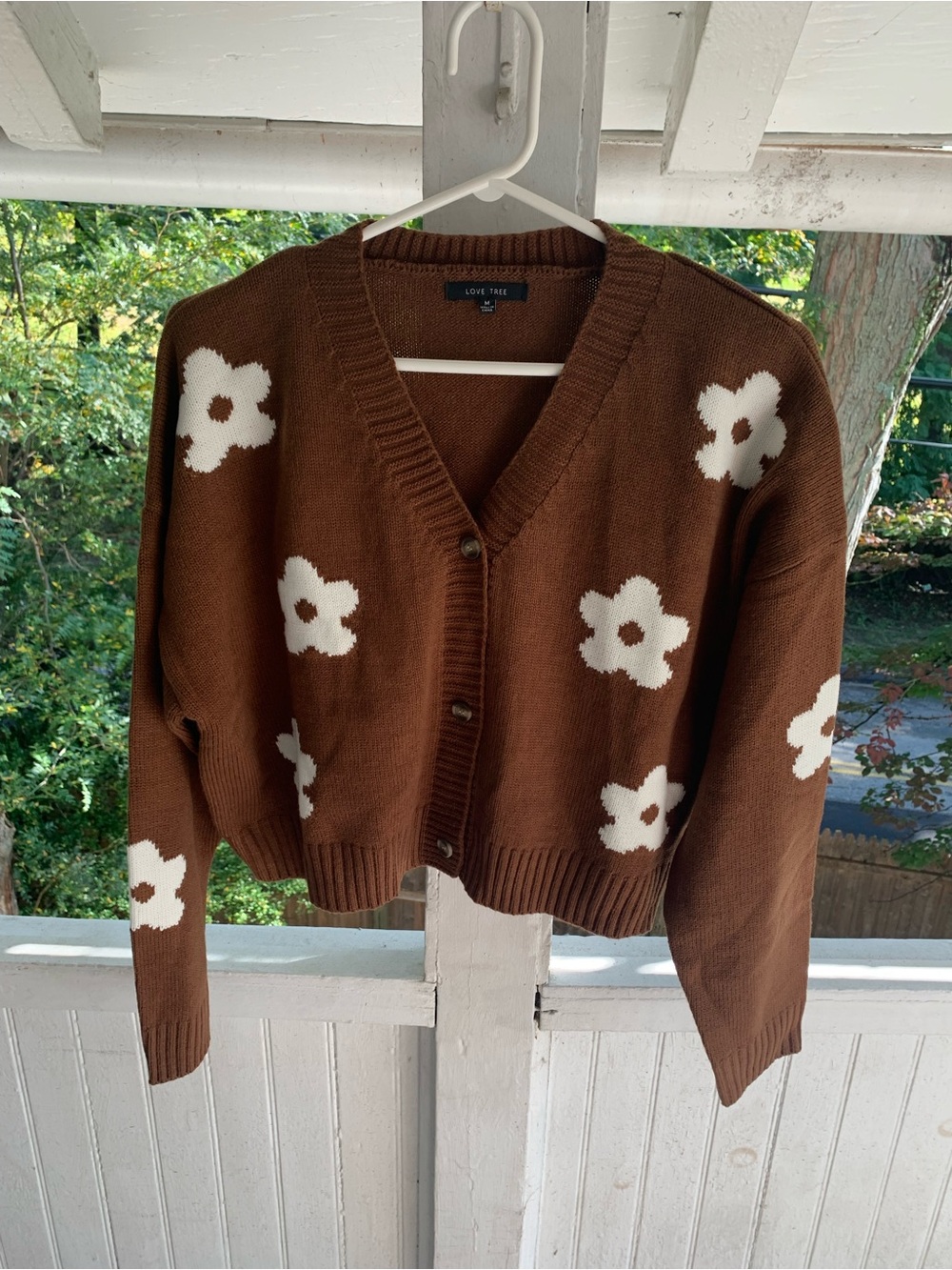 Love Tree Brown Cropped Floral Button Cardigan with Cream Flowers - Picture 2 of 12